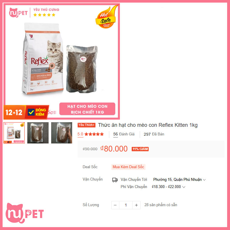 Thức ăn hạt reflex kitten cho mèo con