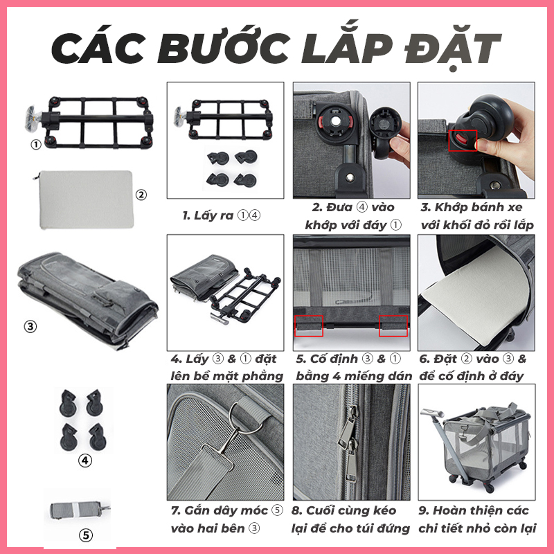 xe-day-cho-meo-tui-van-chuyen-cho-meo-8 Xe đẩy chó mèo túi vận chuyển đẩy có bánh xe cho chó mèo 8